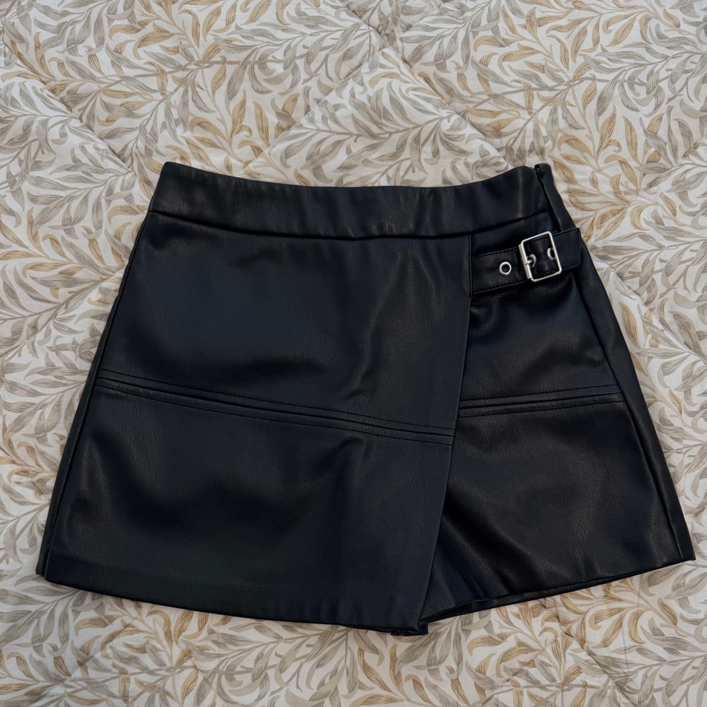 Black Faux Leather Mini Skirt with Buckle
